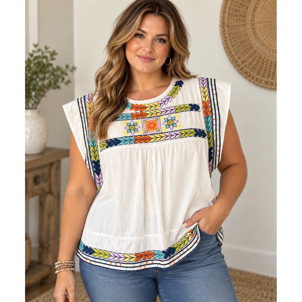 Cato XL White Embroidered Boho Peasant Blouse Colorful Floral Cotton NWT
